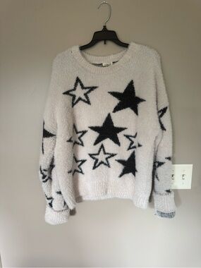 Pilcro Cream Fuzzy Crewneck Sweater with Black Star Print NWOT